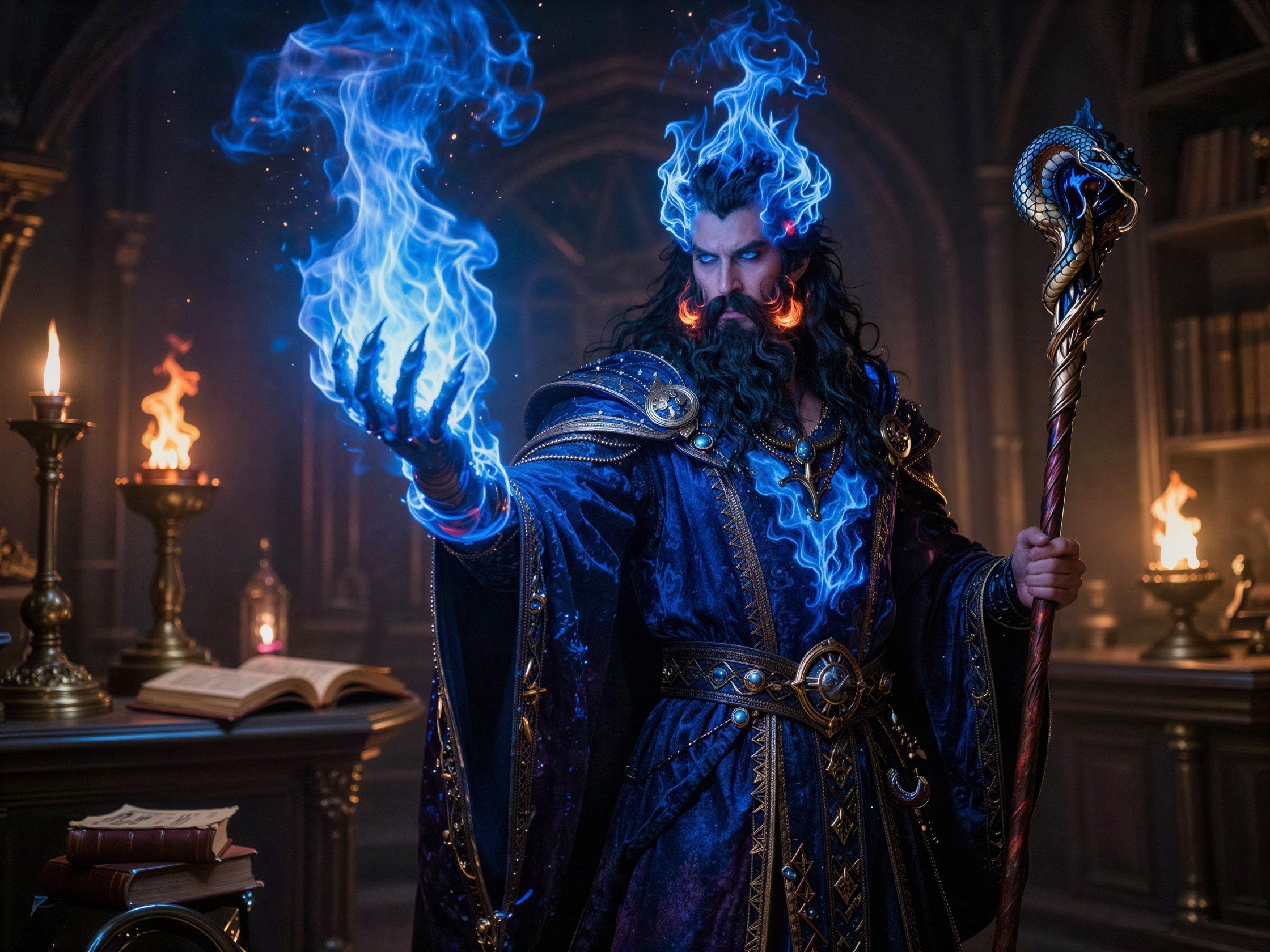 Male Sorcerer in Dark Blue Robe with Magical Elements