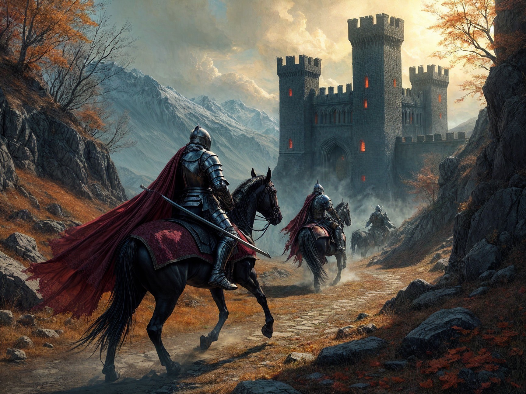 Armored Knights Riding Through Rugged Landscape Scene