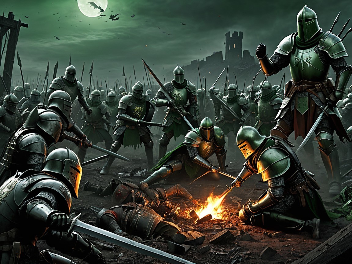 Armored Knights Battle Under Full Moon in Dark Atmosphere