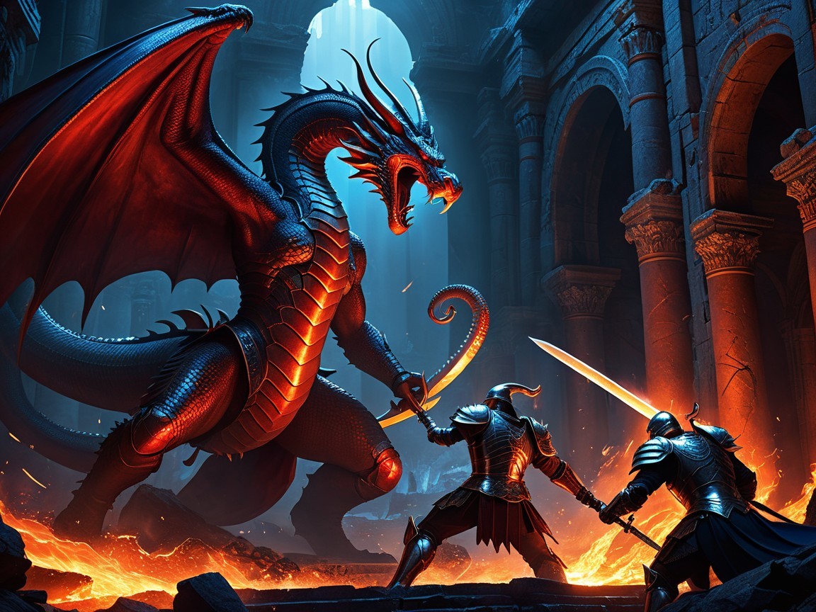 Red-Scaled Dragon Confronts Knights in Ancient Ruins