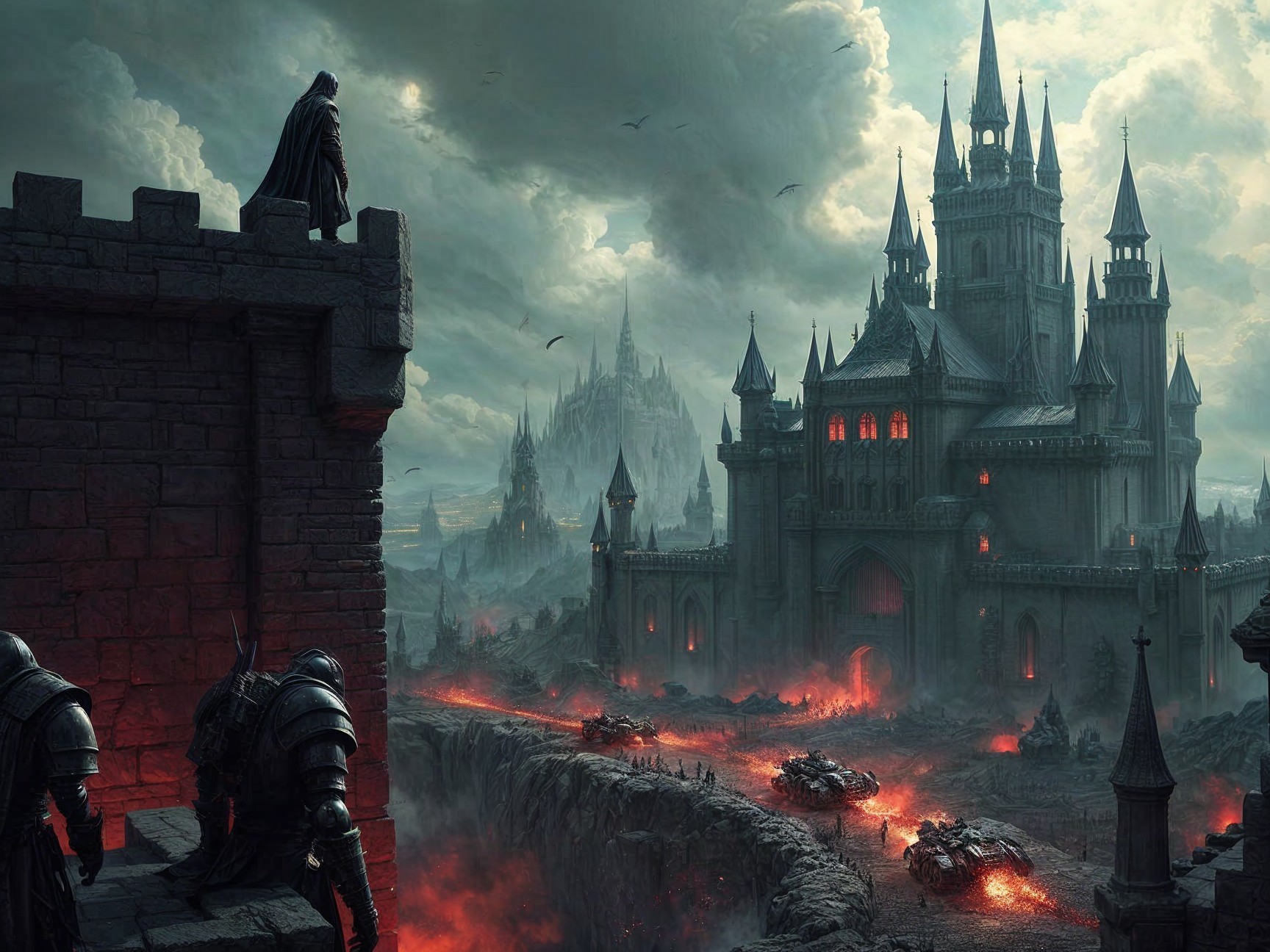 Gothic Castle Overlooking Fiery Battlefield Landscape