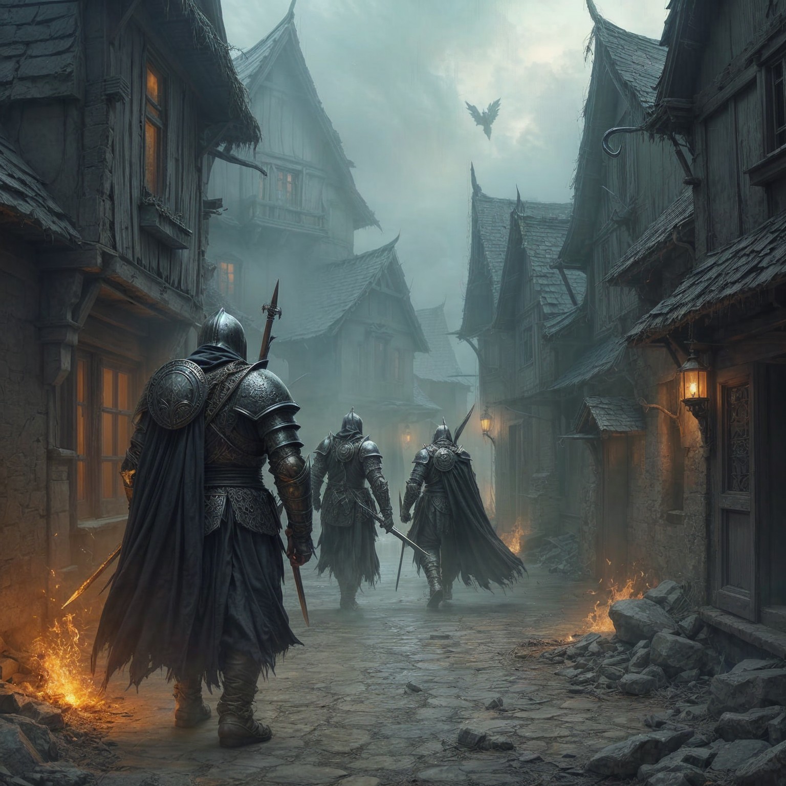 Armored Knights in a Misty Medieval Village Scene