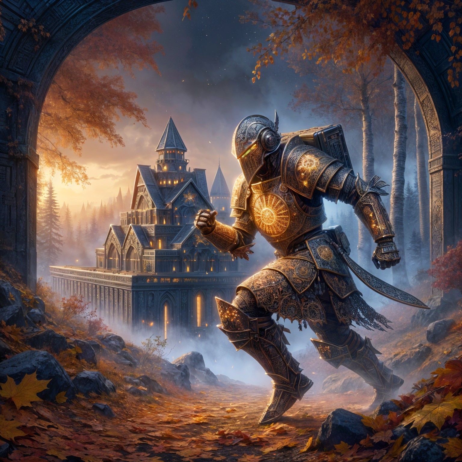 Armored Knight and Castle in Autumn Twilight Scene