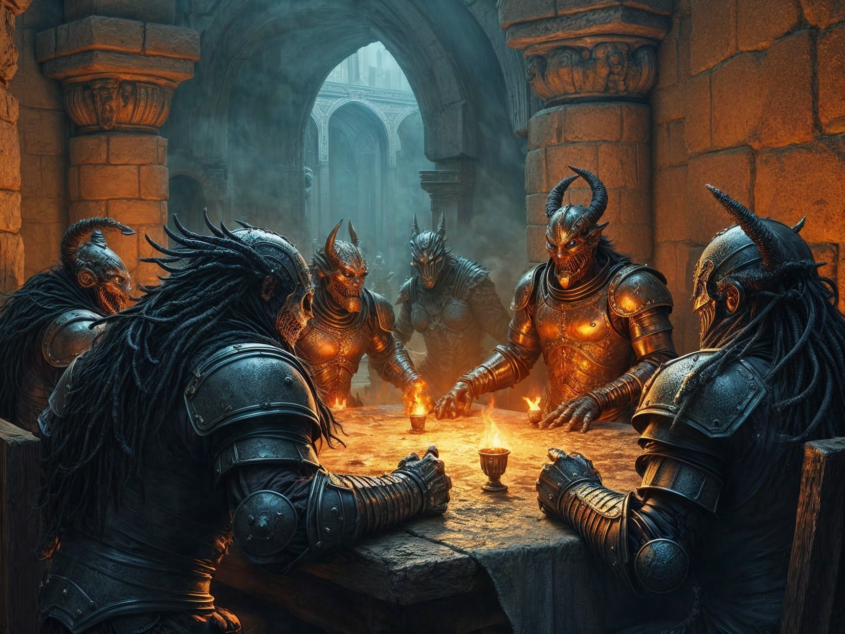 Armored Figures in Dim Stone Chamber Around Flame