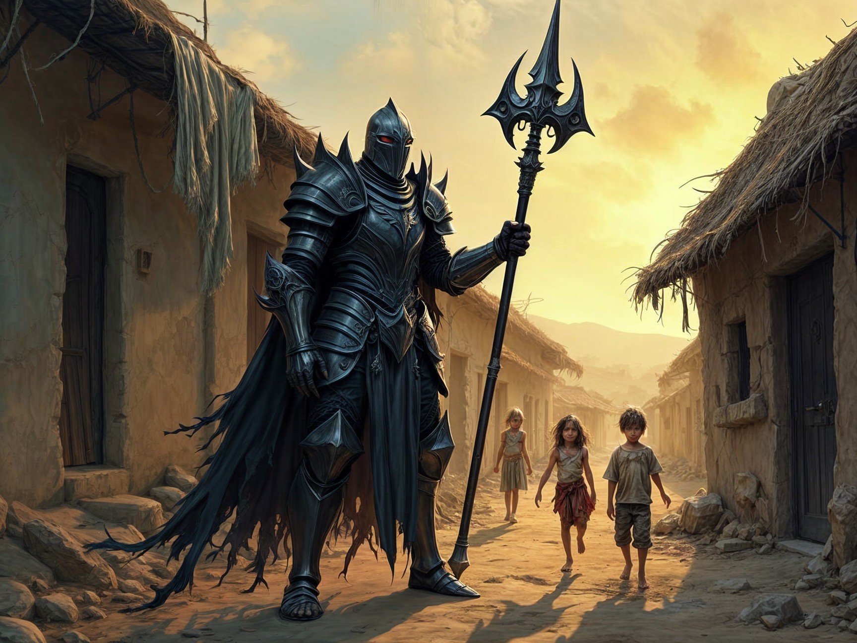Armored Sentinel in a Desolate Village at Sunset