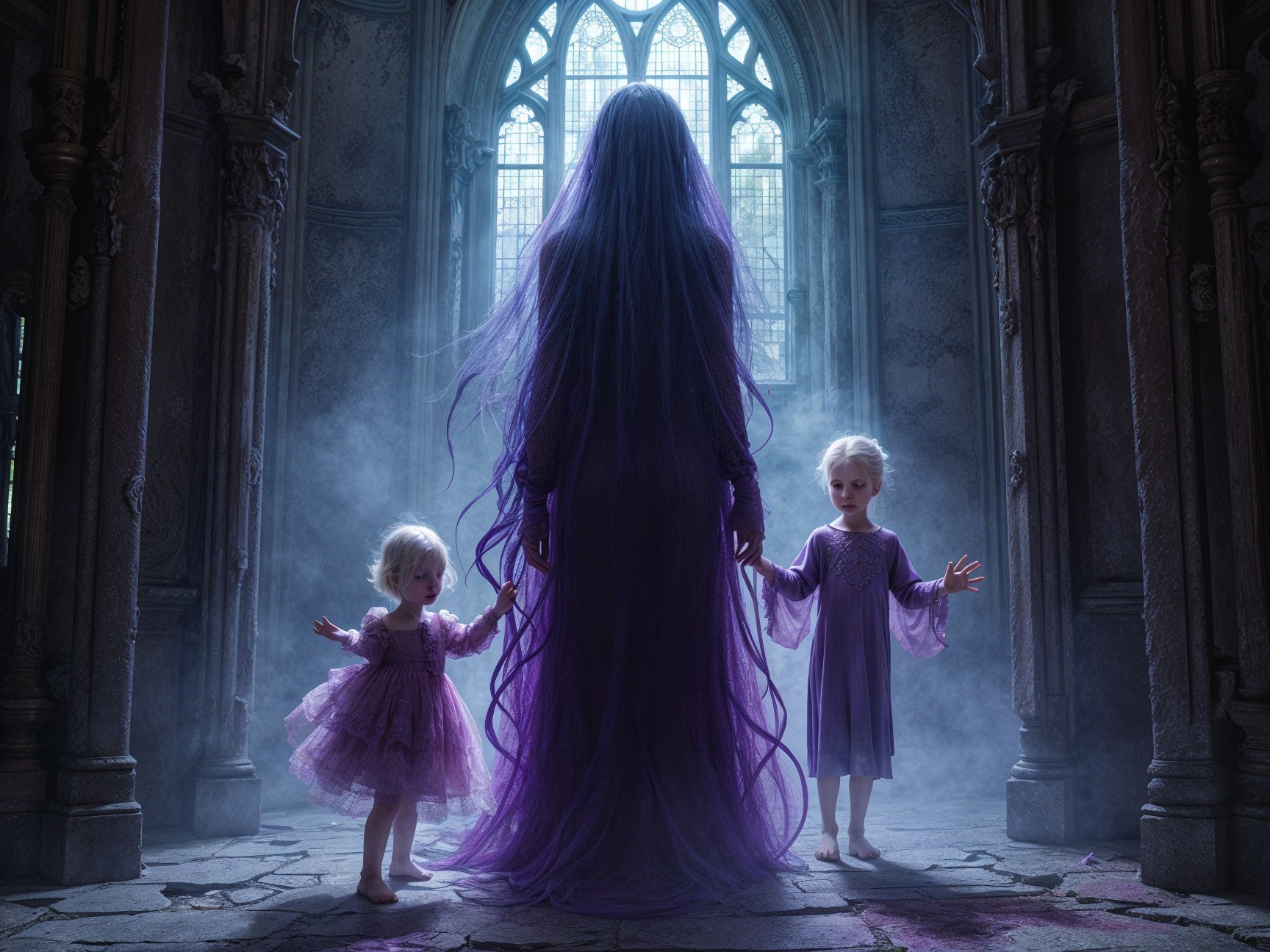 Gothic Chamber with Two Girls and a Towering Figure