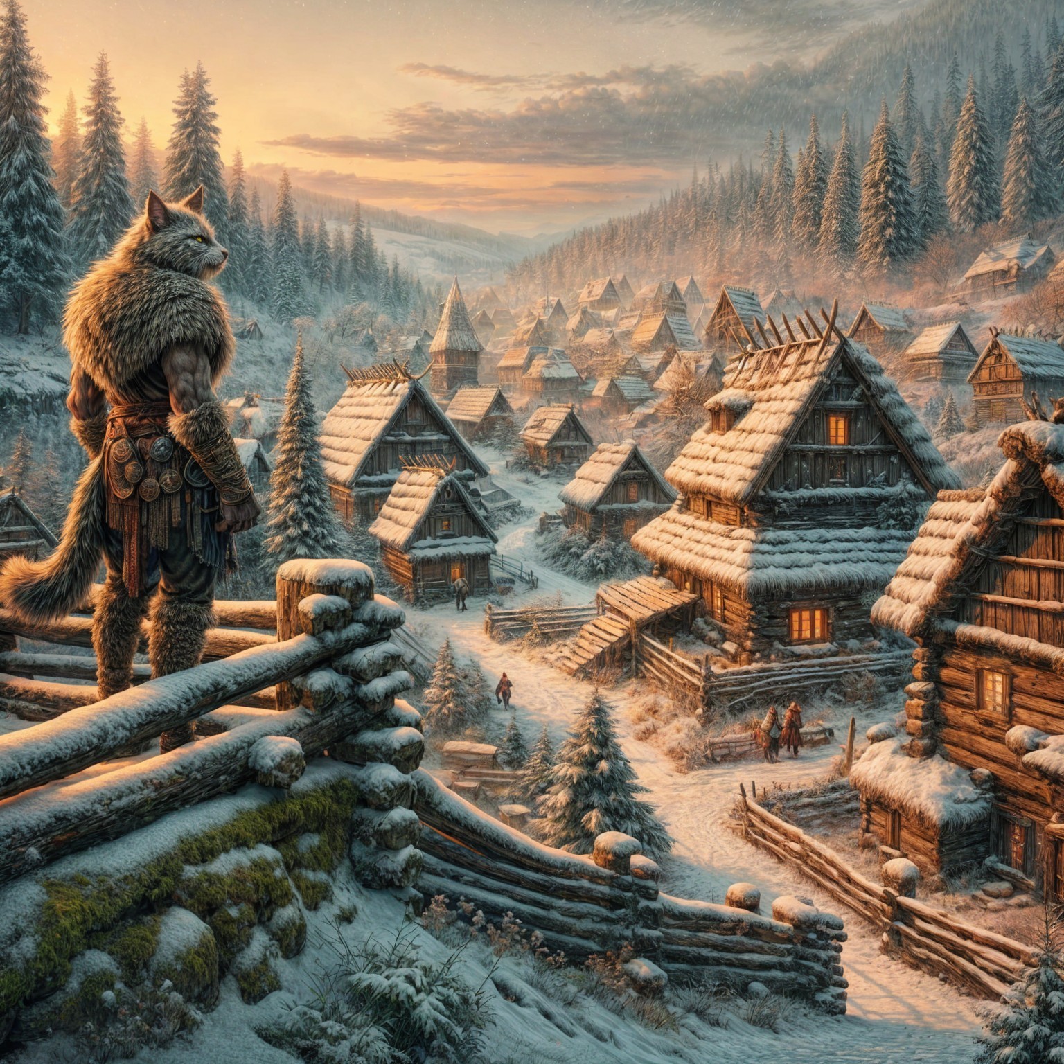 Snowy Village at Sunrise with Wolf Figure and Pines