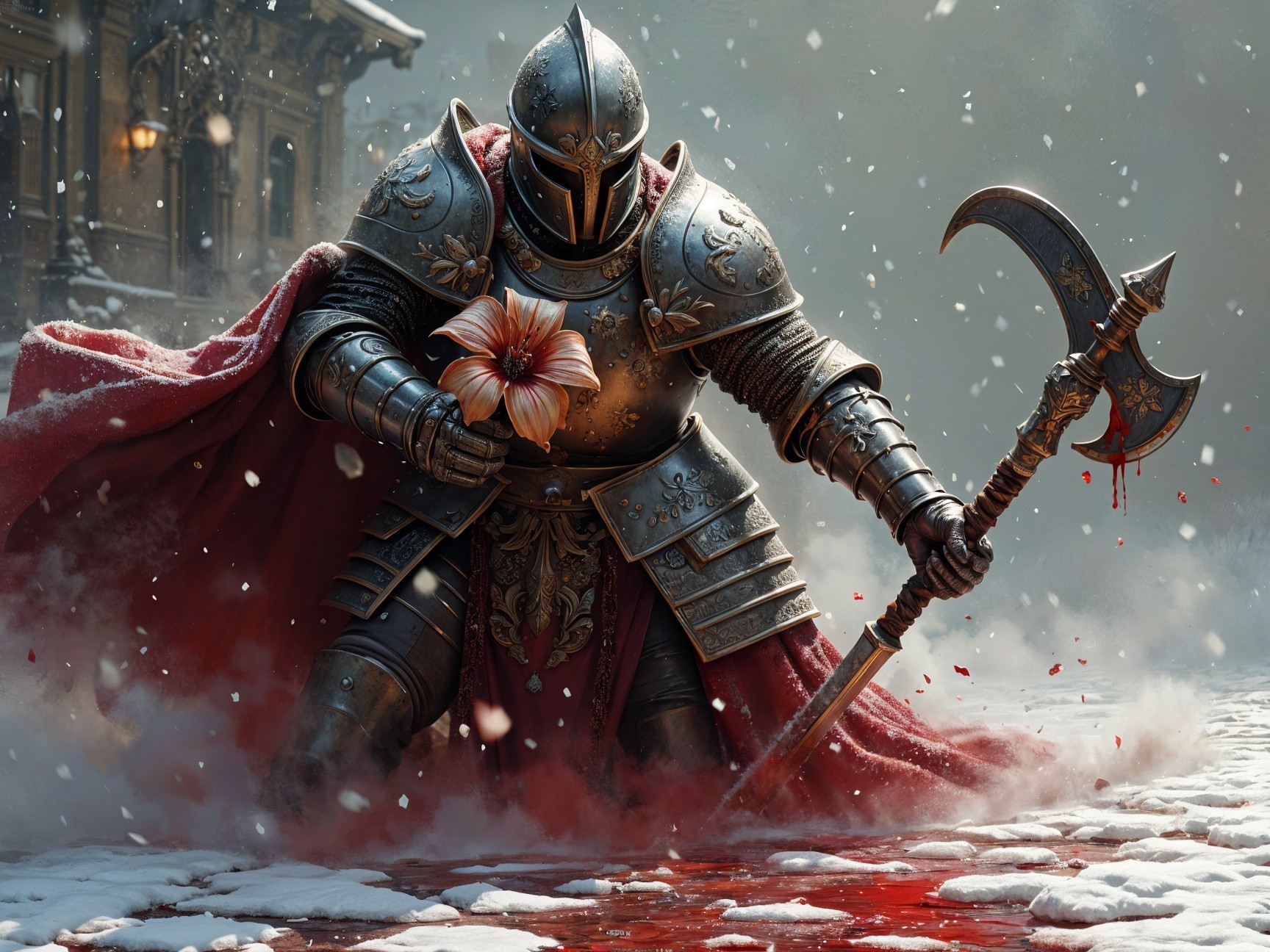 Armored Knight in Snowy Landscape with Hibiscus Flower