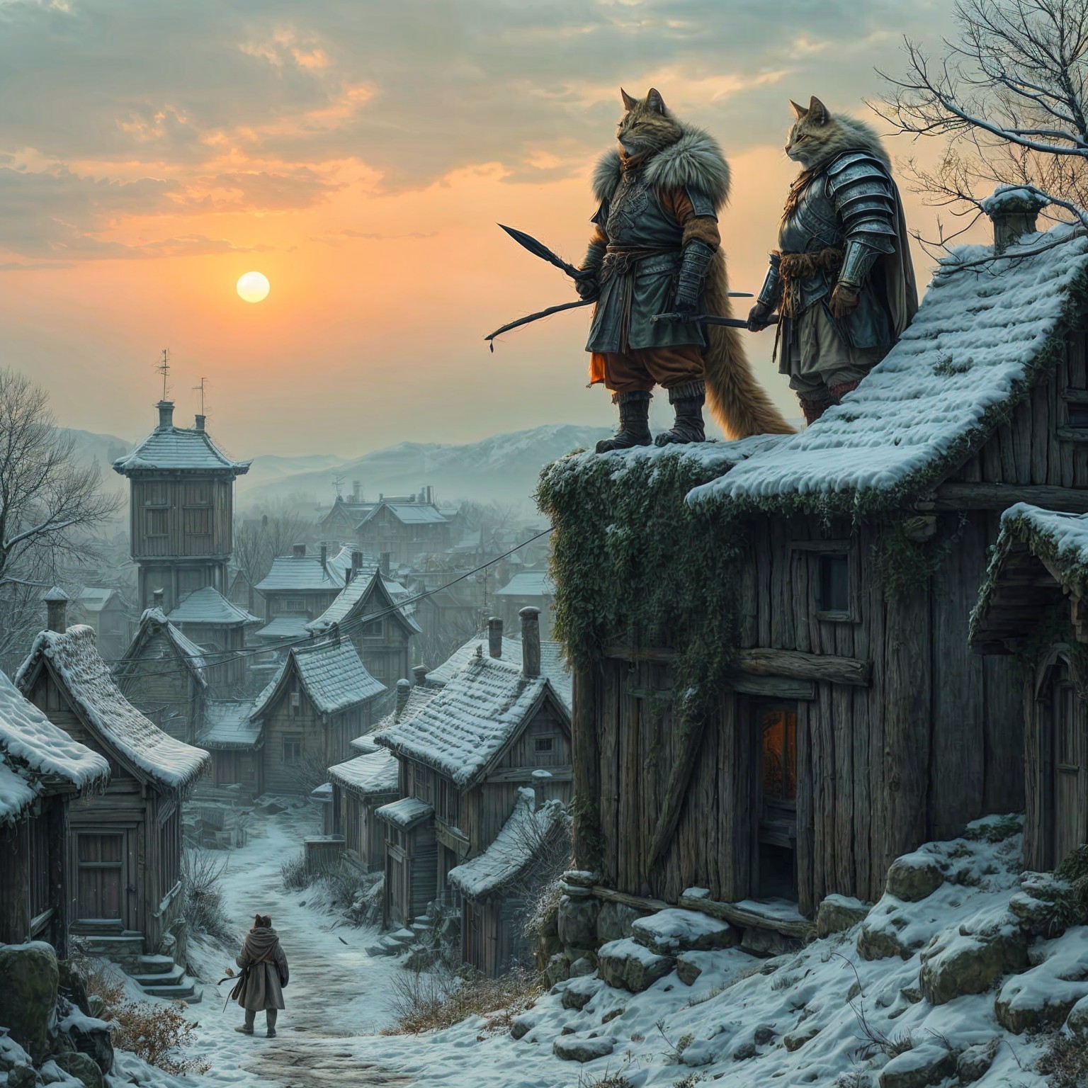 Fox Warriors Surveying a Snow-Covered Village at Sunset