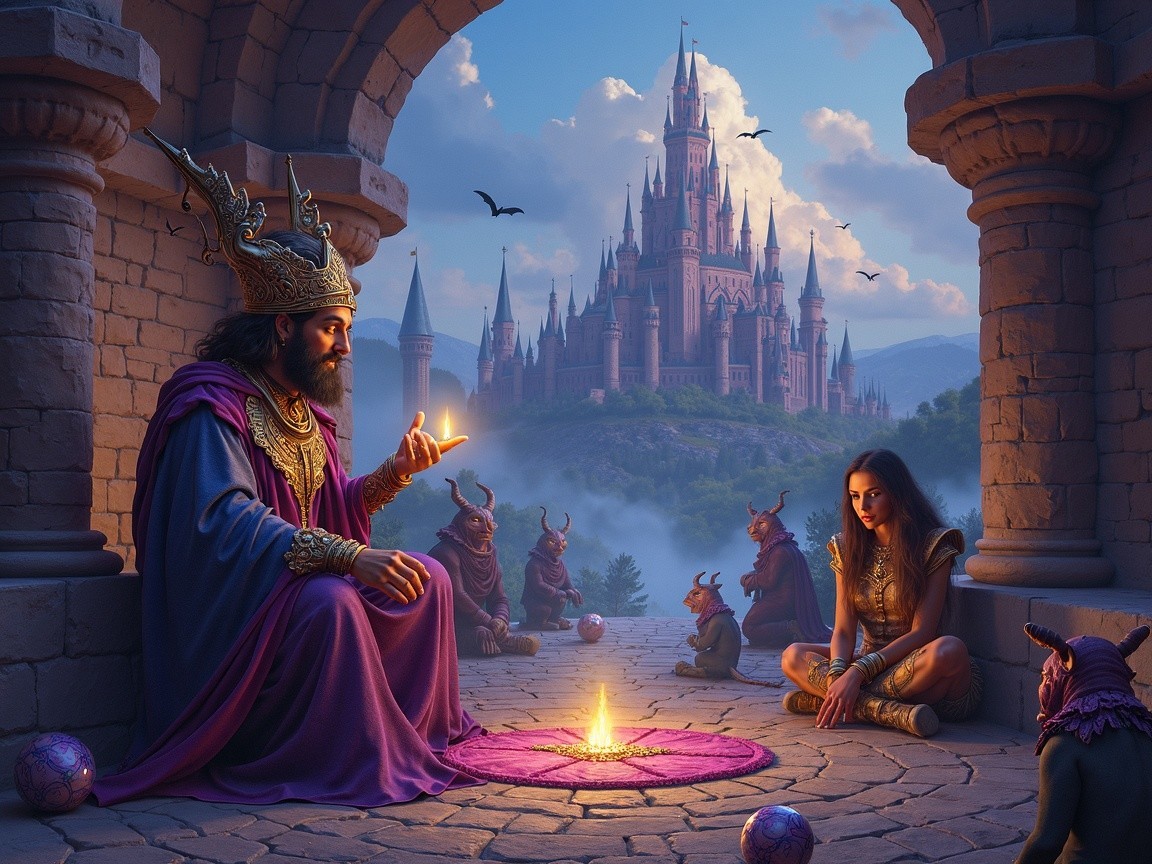 Regal Figure on Throne with Glowing Orb and Castle