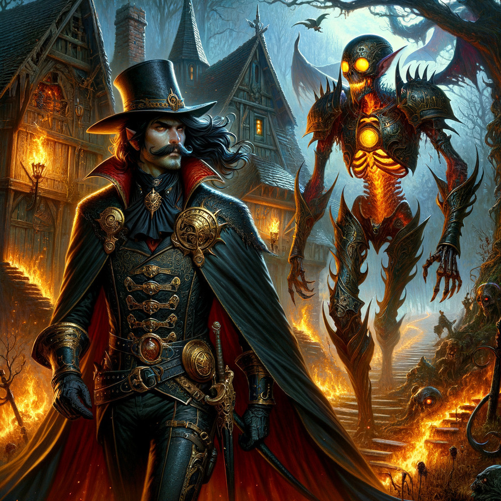 Mysterious Figure in Cloak Amidst Dark Landscape