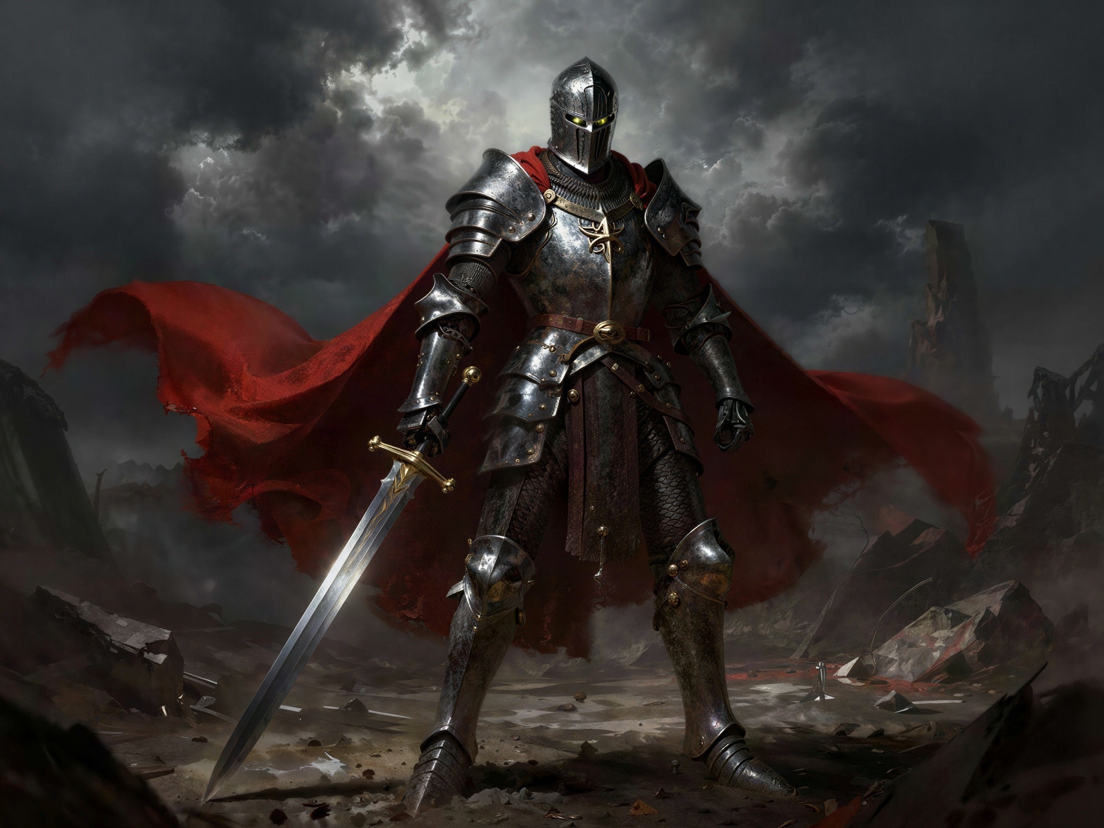 Knight in Full Armor with Sword Against Stormy Sky