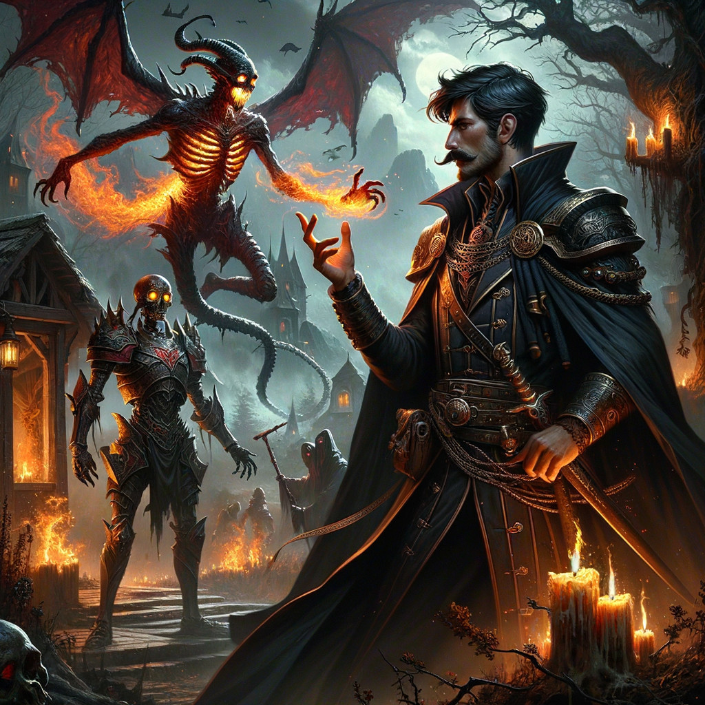 Cloaked Figure Confronts Demon in Dark Setting