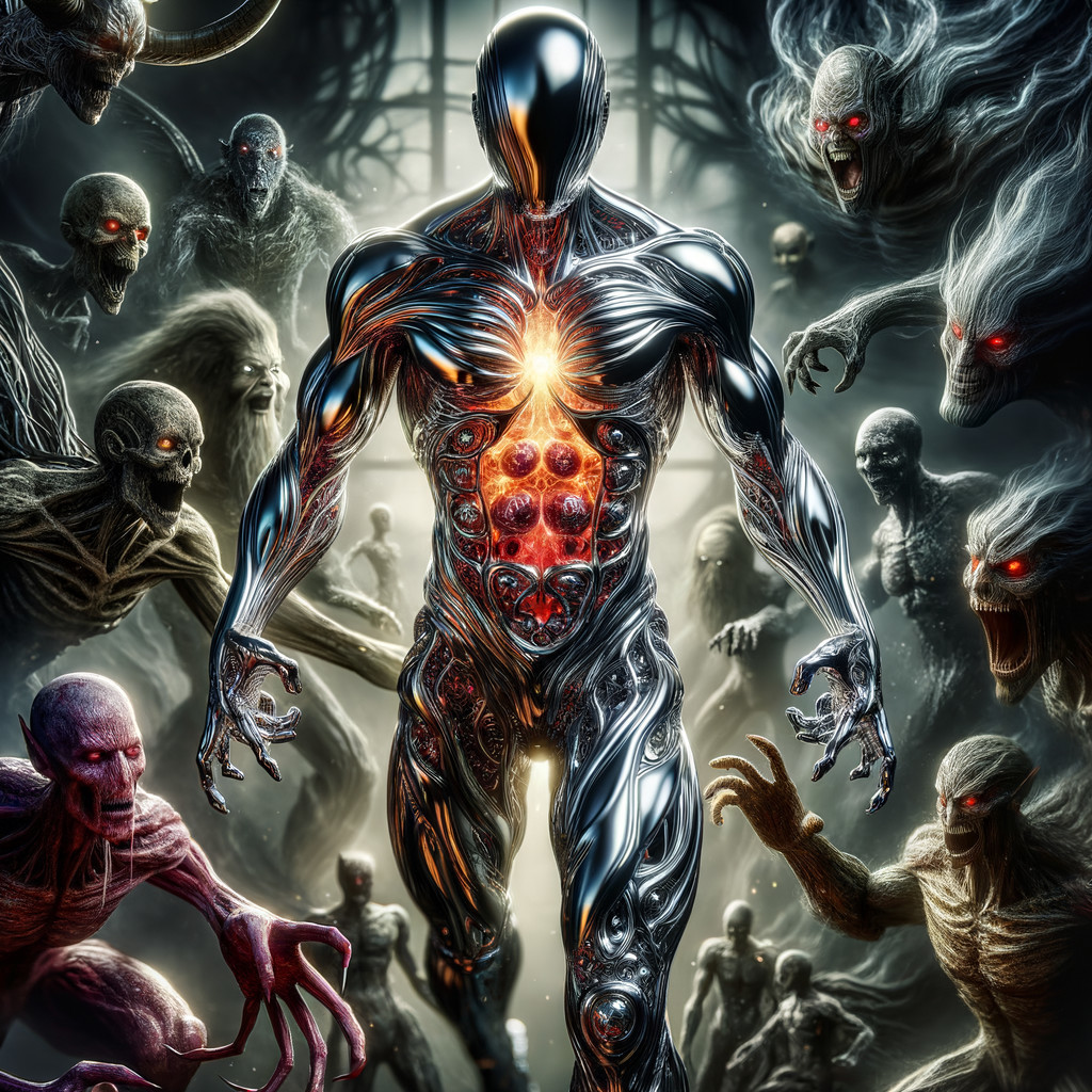 Futuristic humanoid figure with shadowy creatures and dark shapes