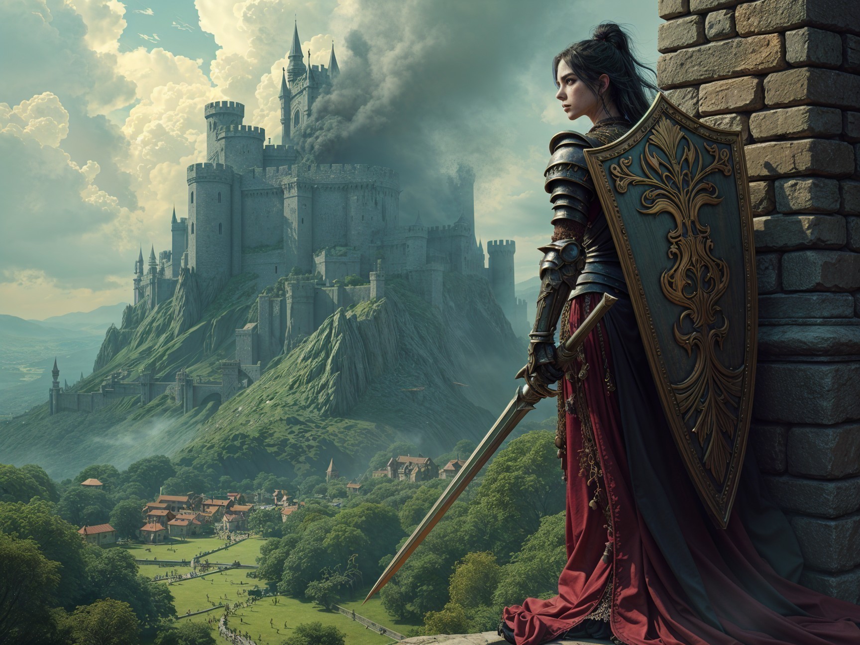 Warrior on Castle Battlement Overlooking Valley and Village