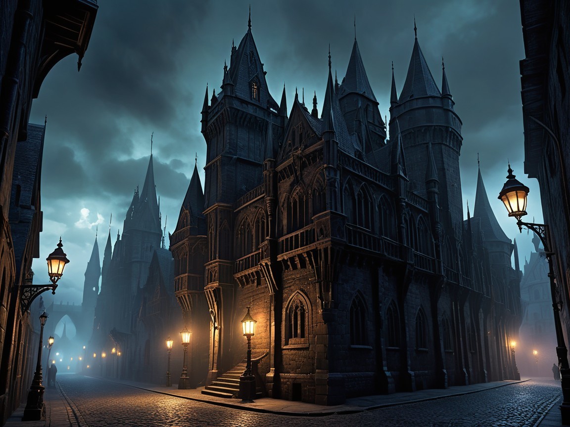 Gothic Twilight Street Scene with Castle Architecture