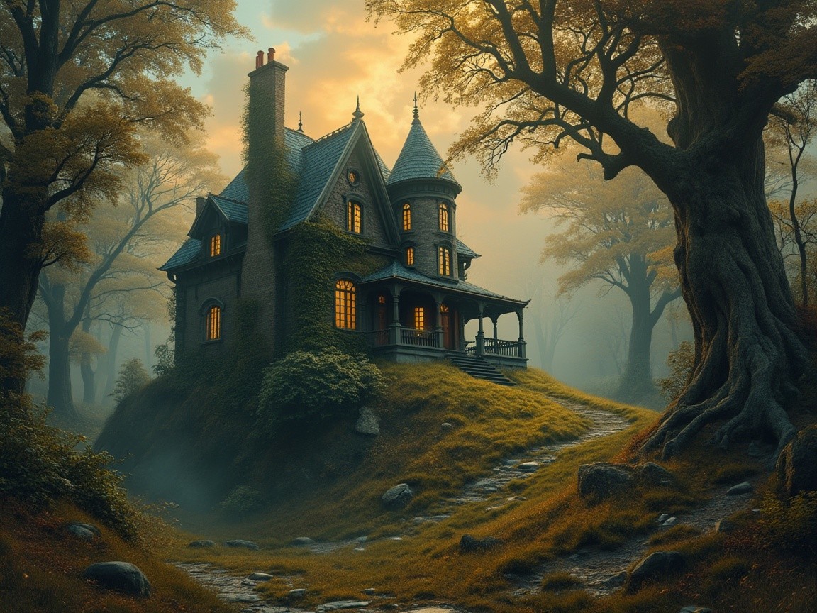Eerie House on a Hill Surrounded by Twisted Trees