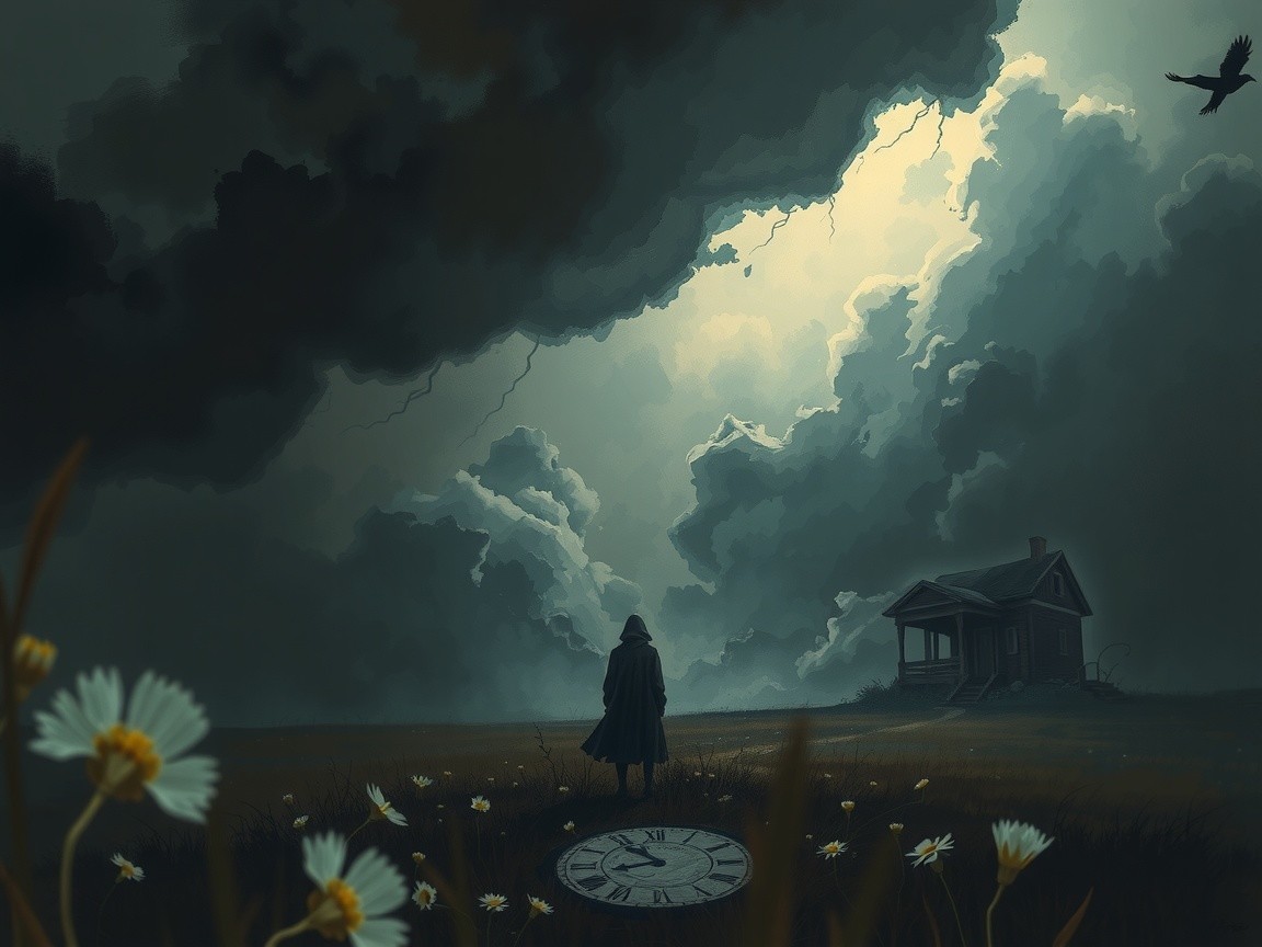 Ominous Landscape with Stormy Sky and Antique Clock