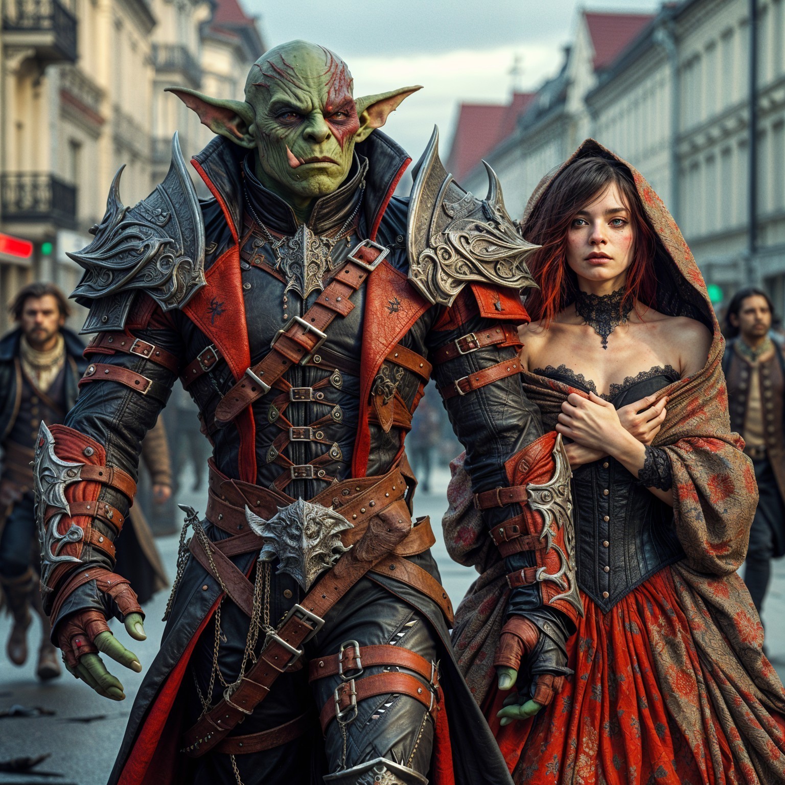 Orc in Armor and Woman in Red Gown on Bustling Street