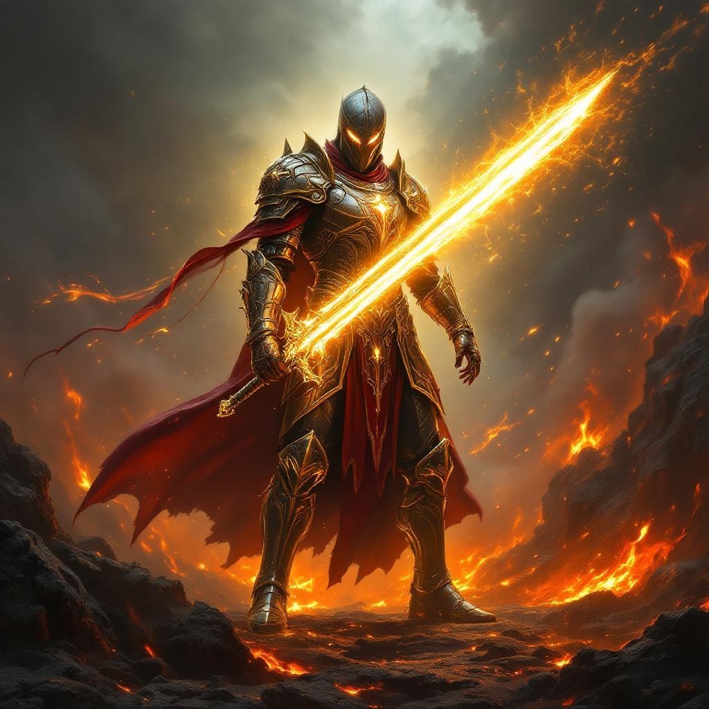 Warrior in Golden Armor with Fiery Sword and Lava Background