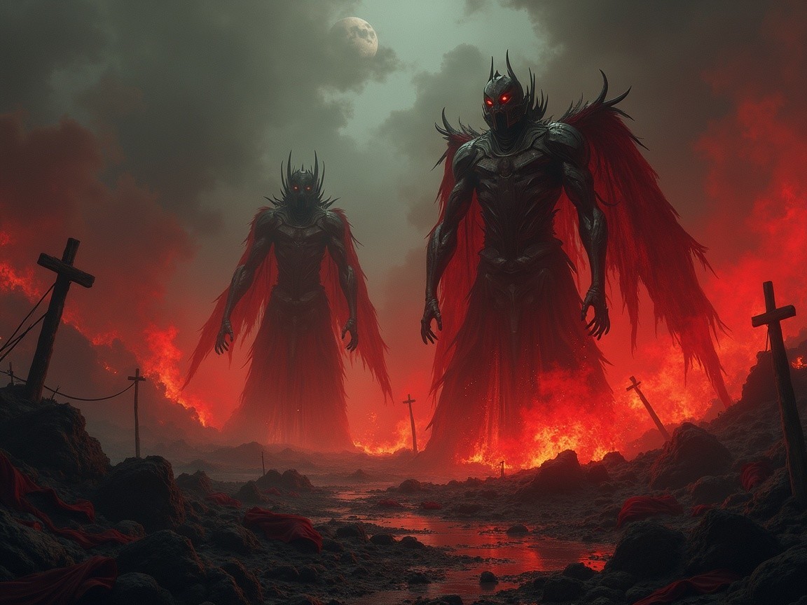 Dark Figures in Fiery Landscape with Ominous Atmosphere