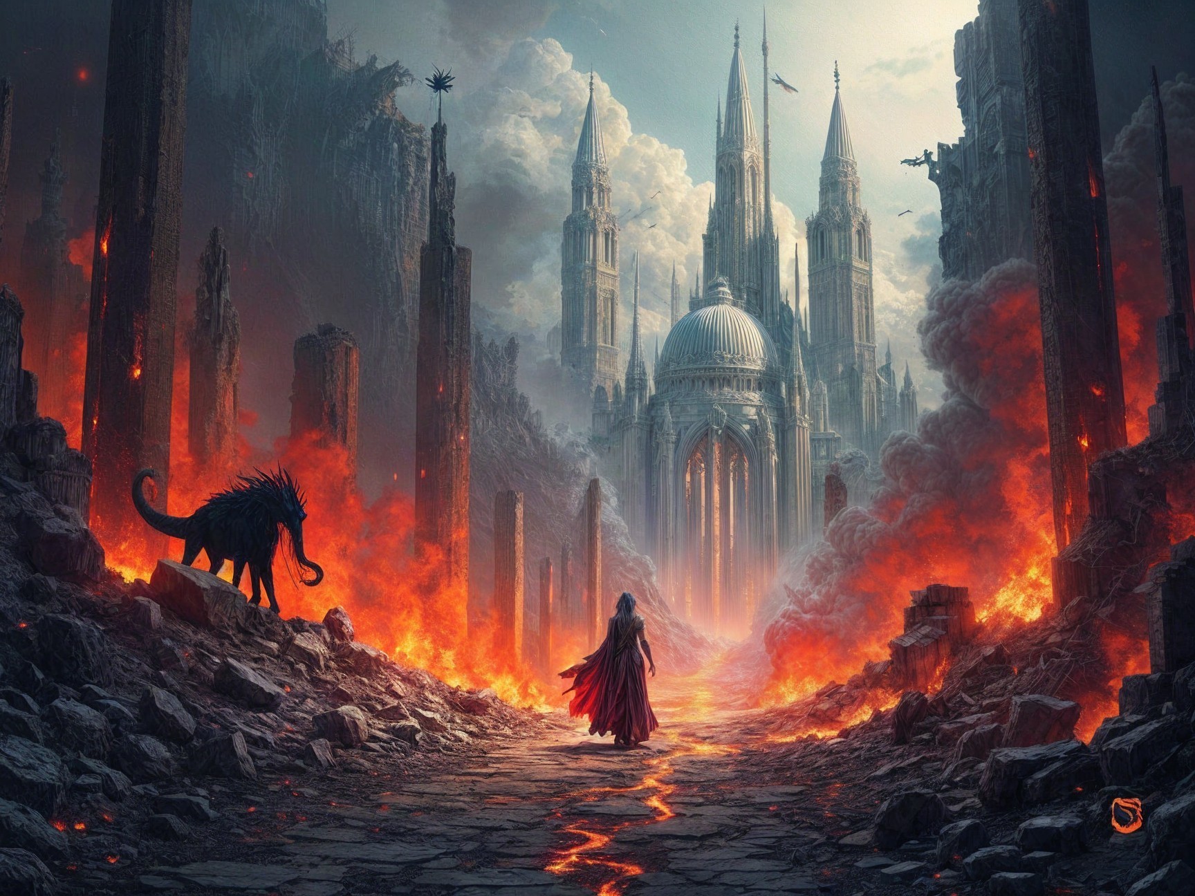 Cloaked Figure Approaches Fiery Cathedral in Ruins