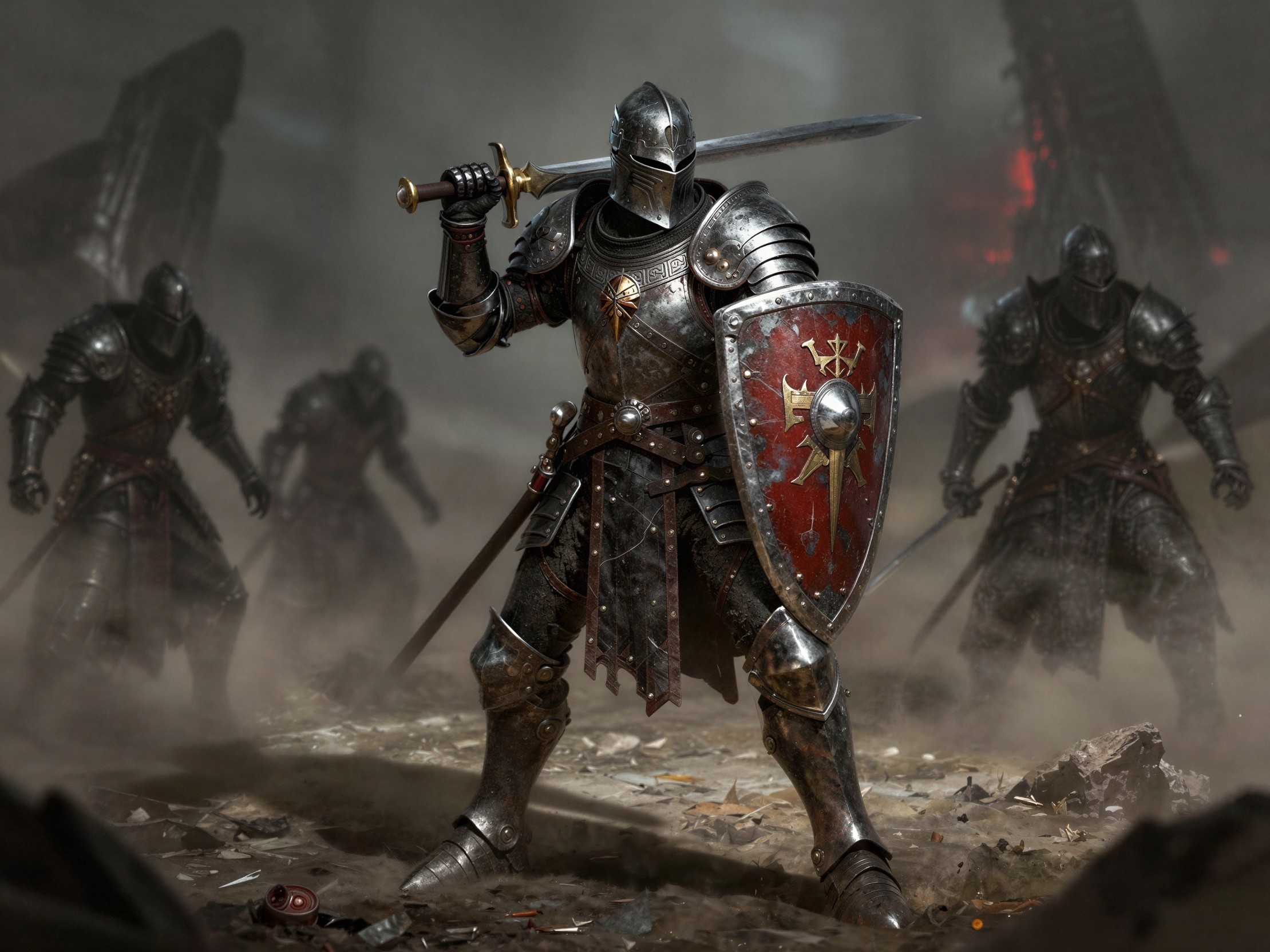 Knight in Silver Armor with Shield on Battleground