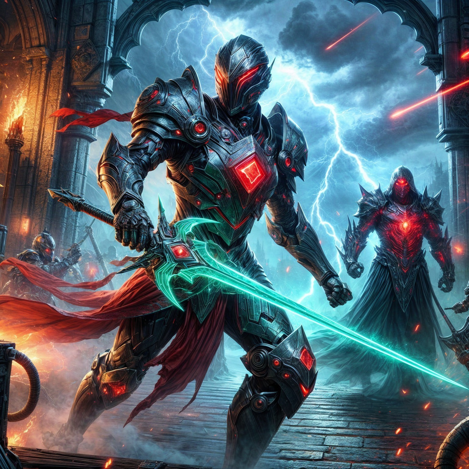 Knight in Dark Armor with Glowing Sword and Stormy Sky