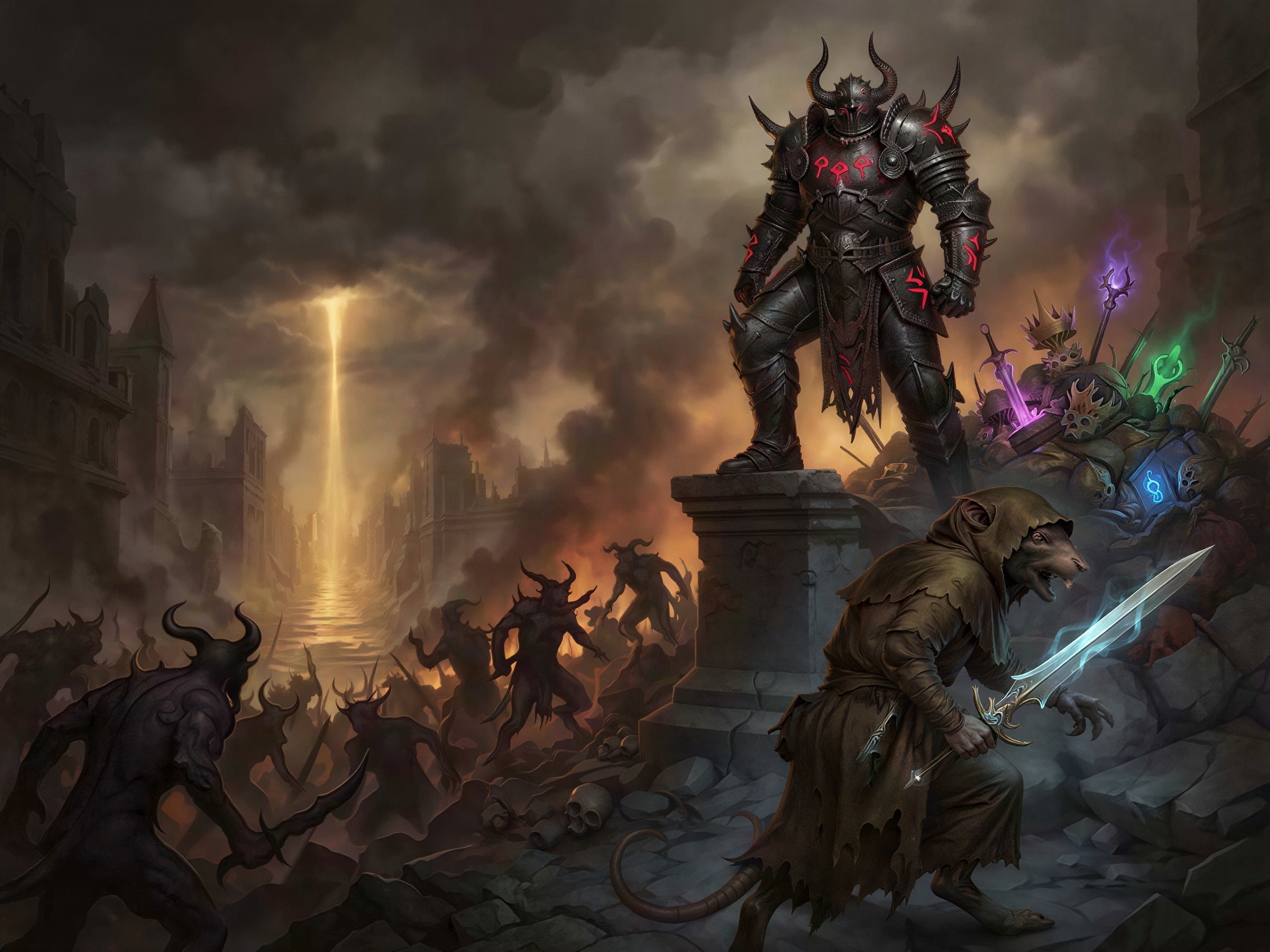 Epic Fantasy Scene of Armored Warrior in Ruins