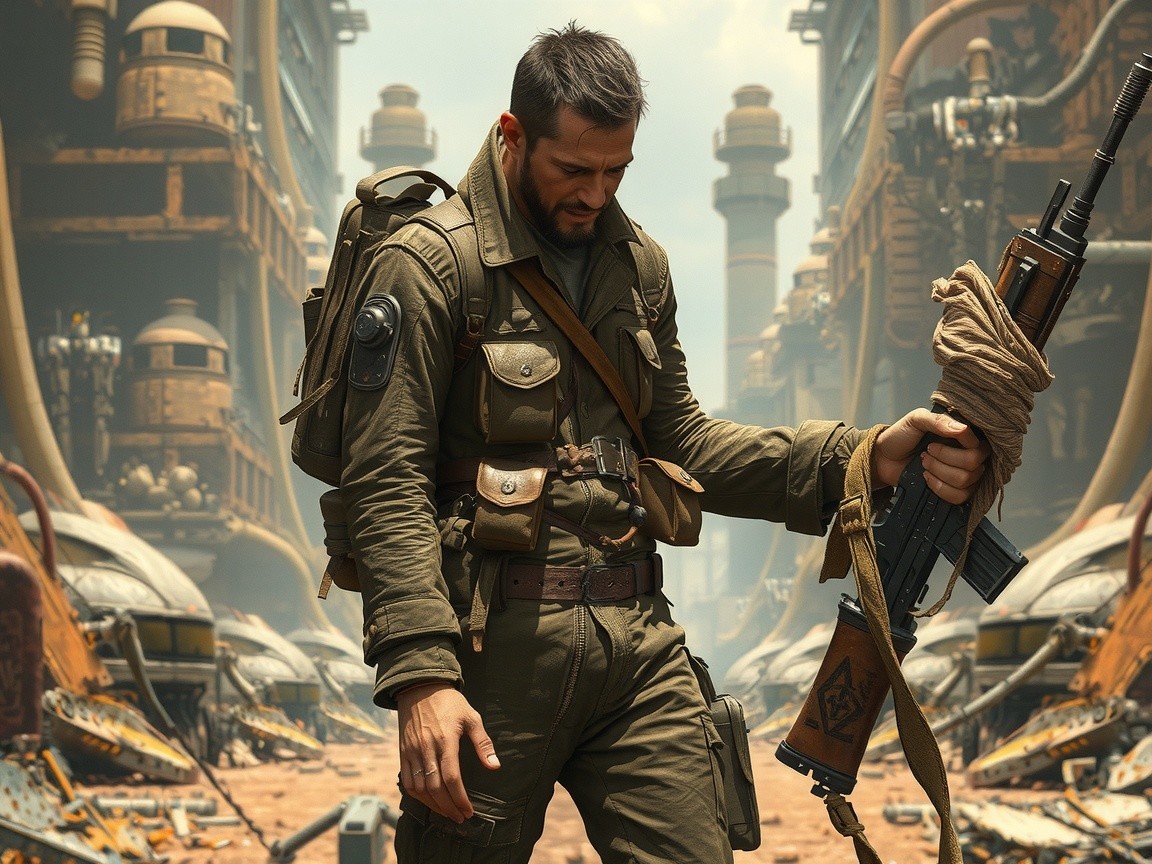 Soldier in Dystopian Industrial Landscape with Rifle