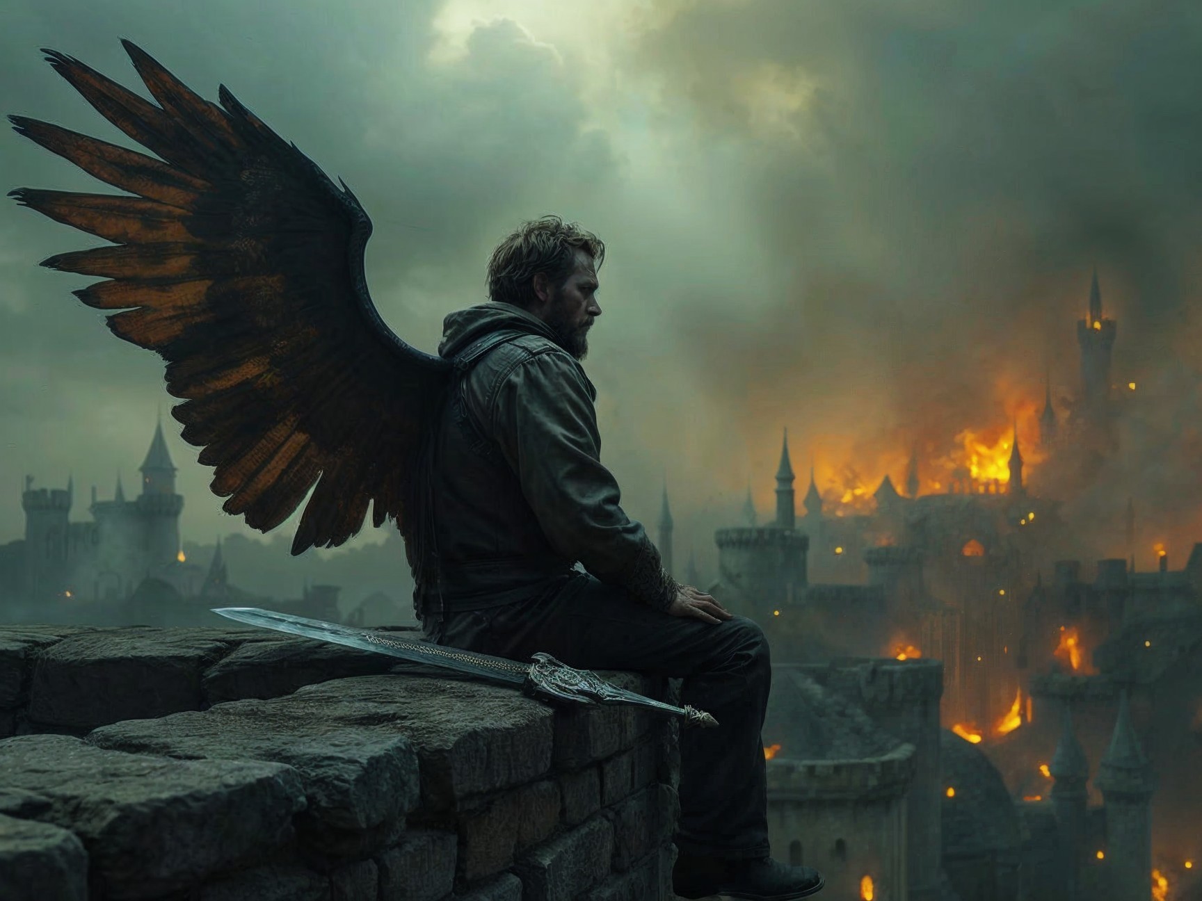 Lone Figure with Dark Wings Overlooks Burning City
