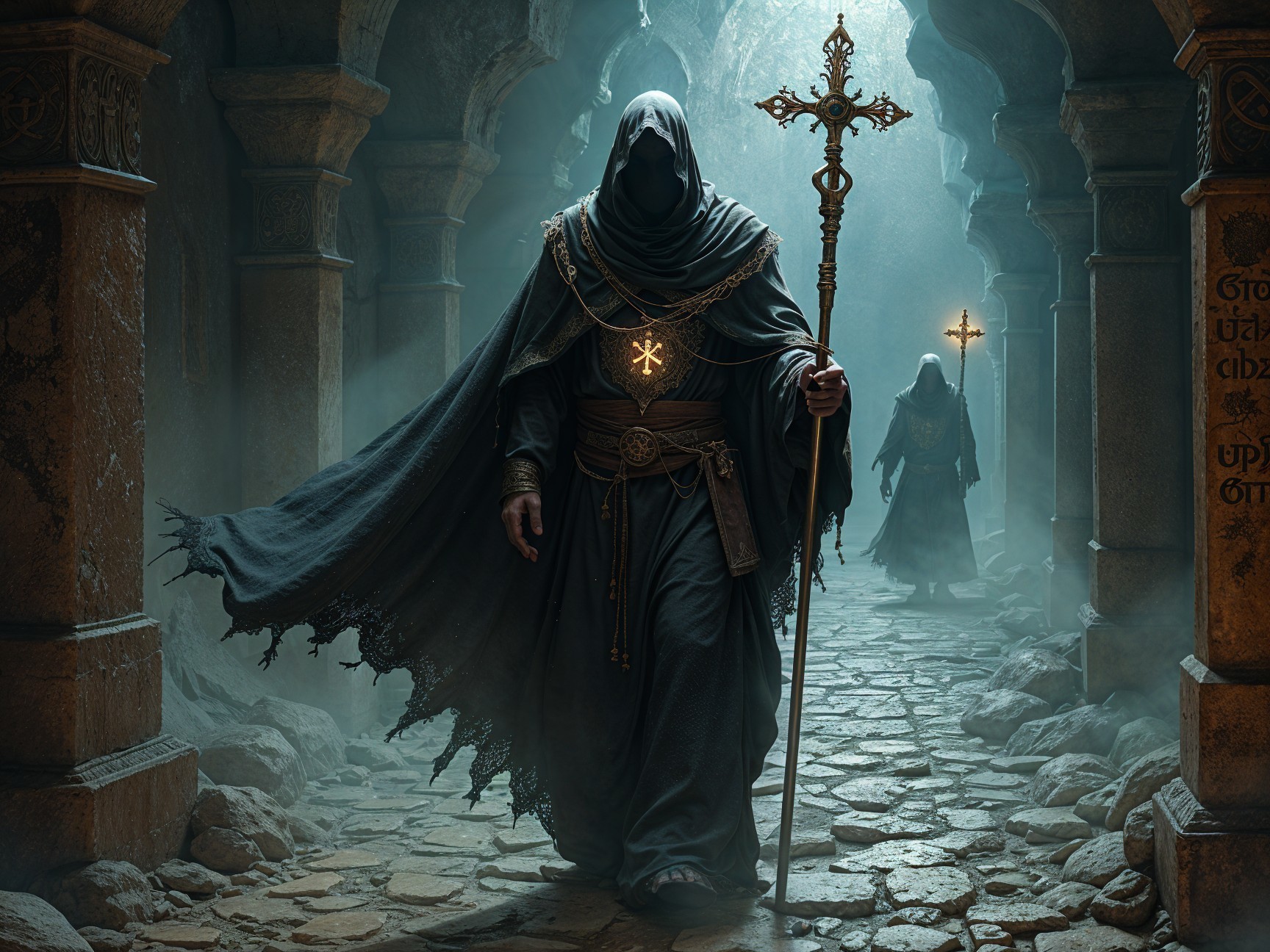 Ancient Corridor with Cloaked Figures and Mystical Light