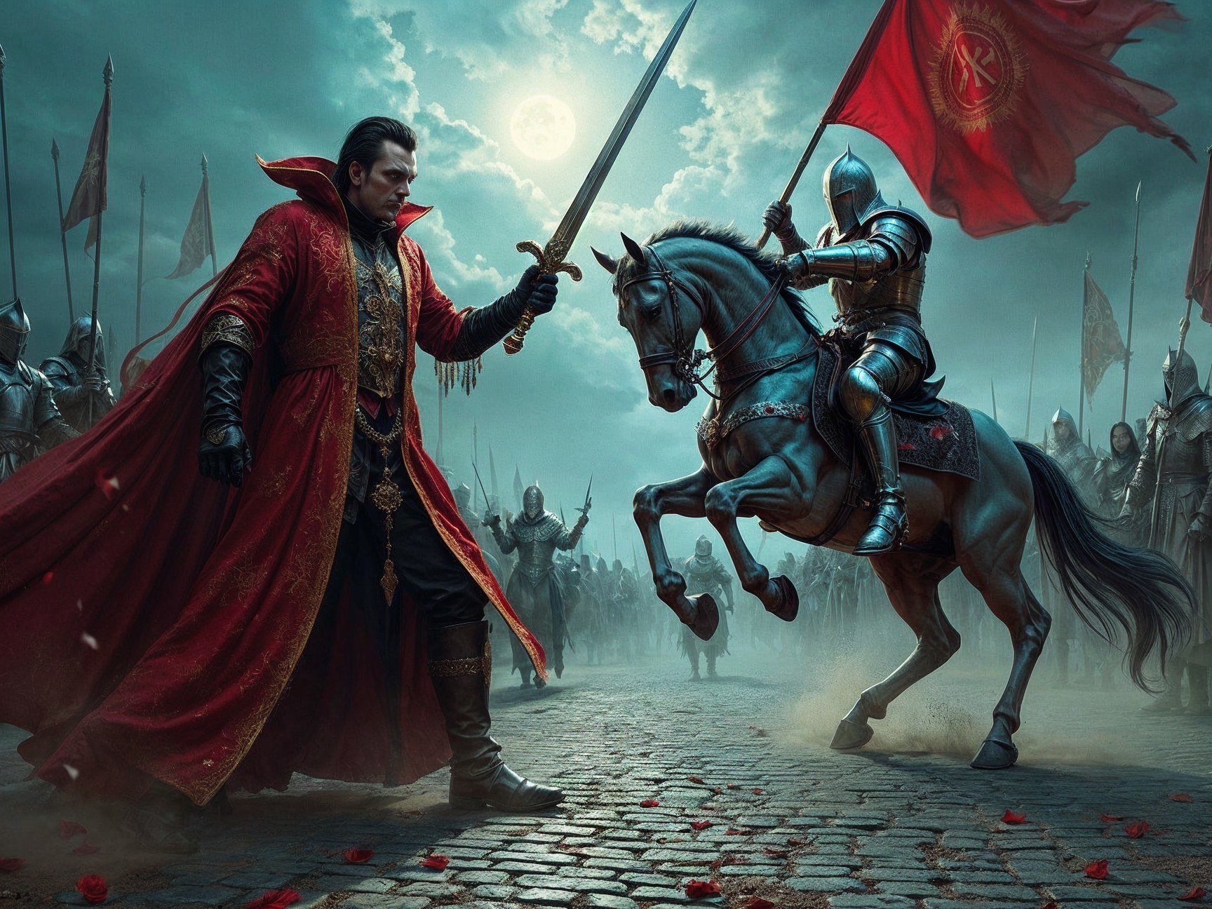 Medieval Duel with Regal Figure and Knight on Horseback