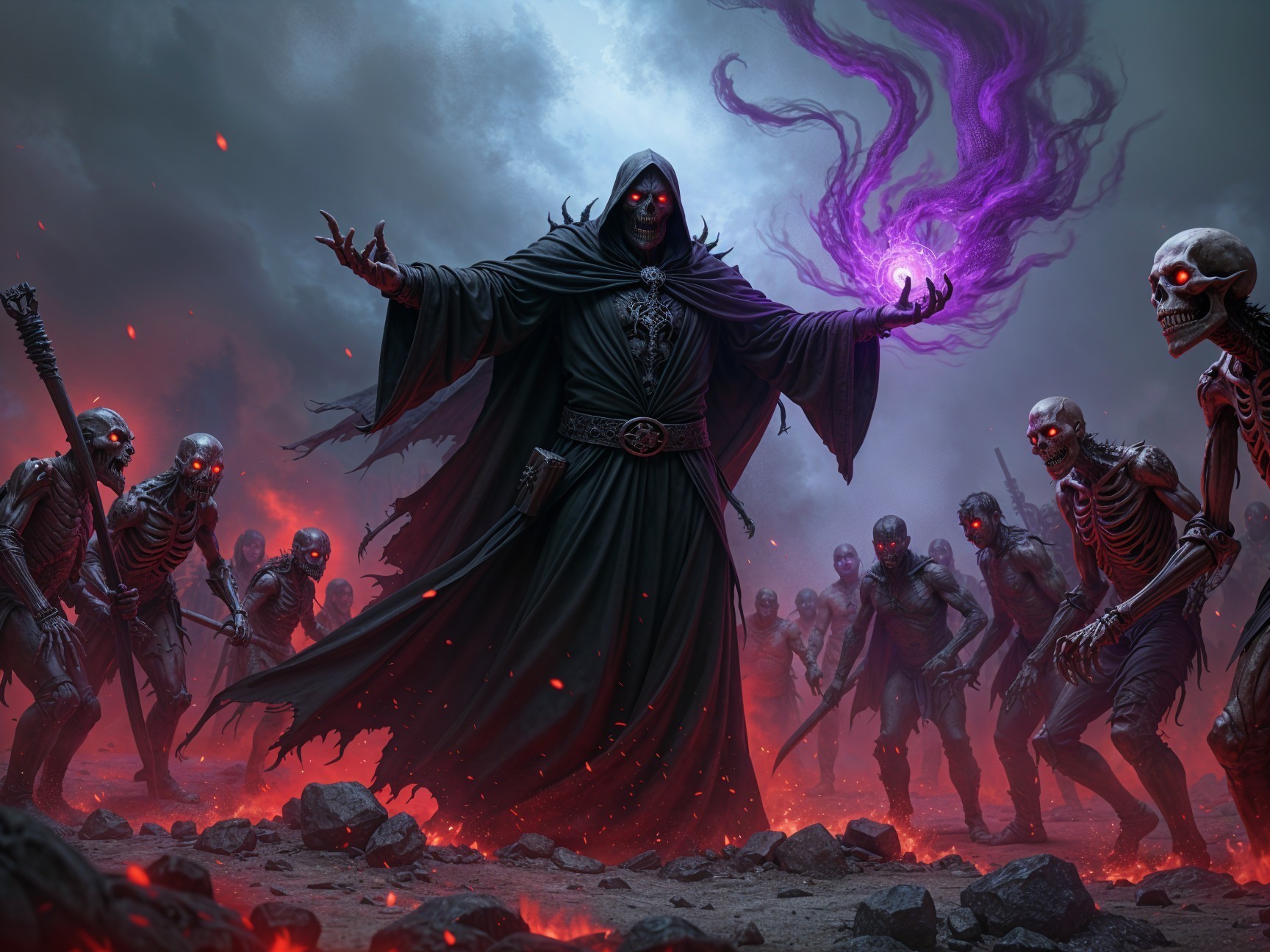 Dark Sorcerer in Fiery Wasteland with Skeletal Figures