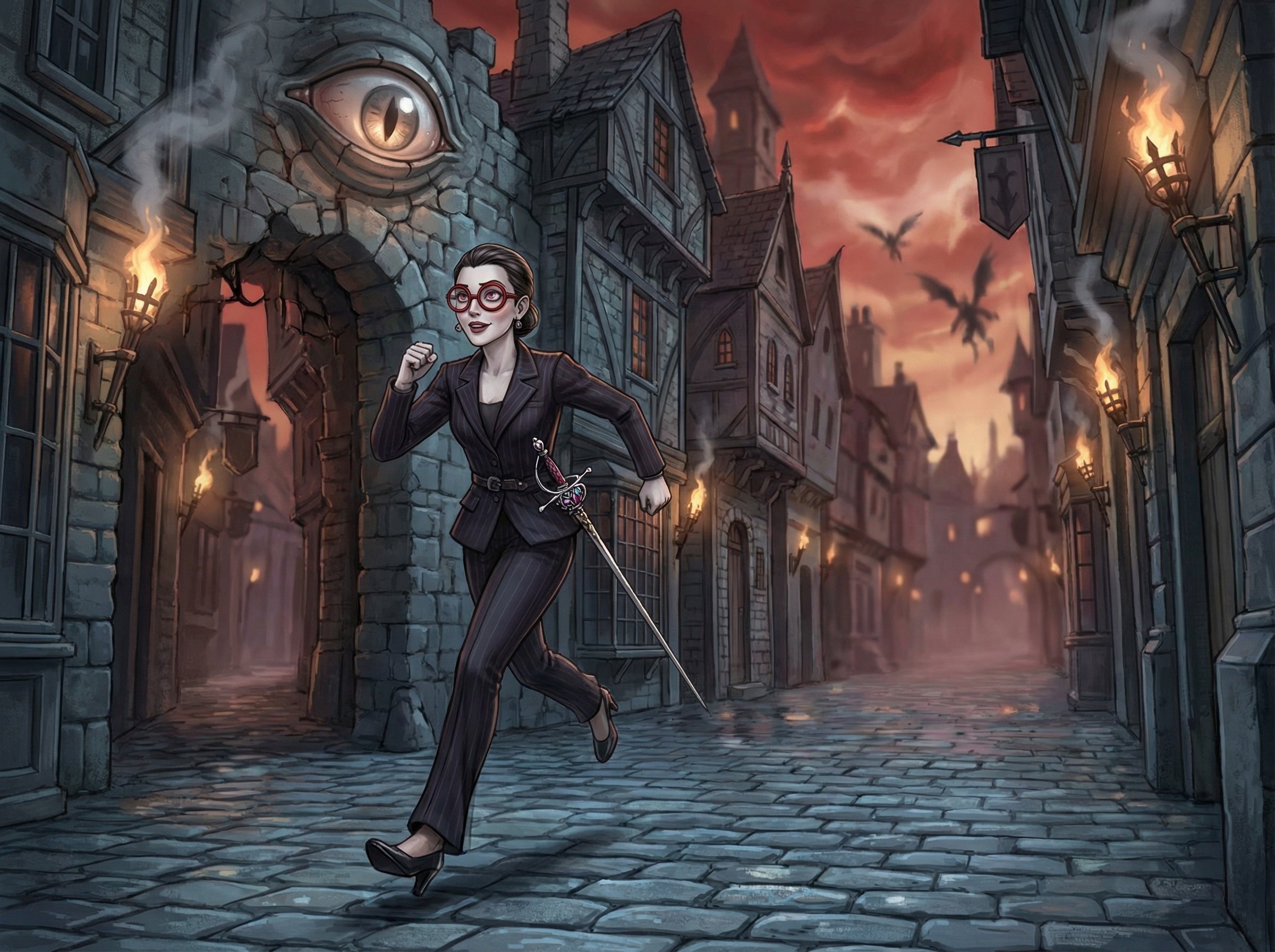 Woman in Business Suit Running with Sword in Medieval Town