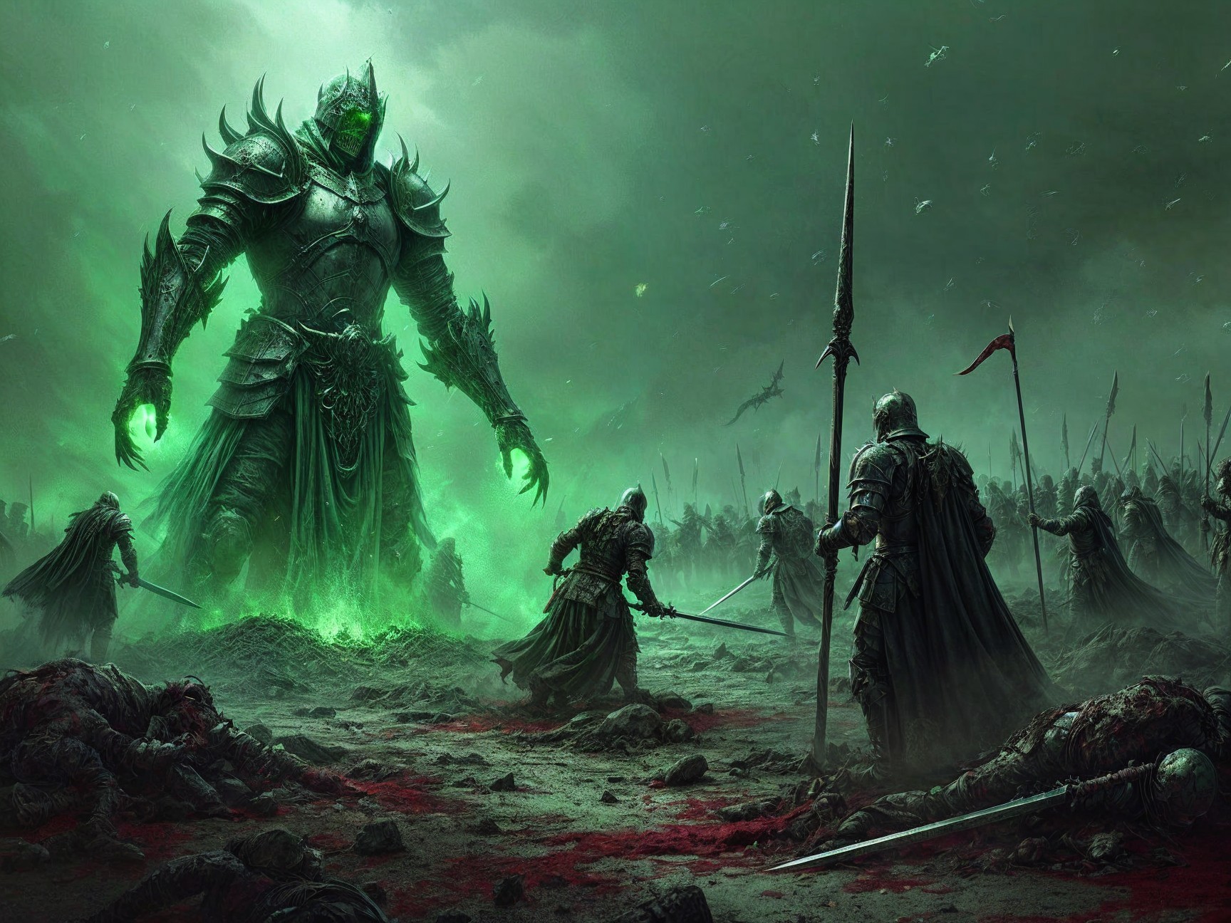 Giant in Dark Armor Overlooks Chaotic Battlefield Scene