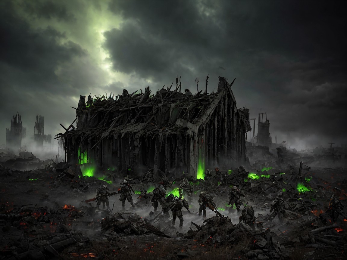 Dystopian Landscape with Soldiers and Ruined House