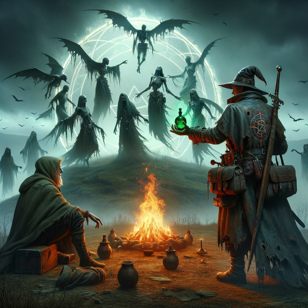 Cloaked Wizard with Green Potion in Dark Landscape