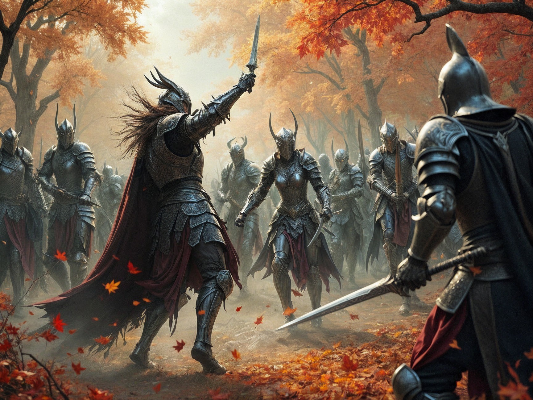 Autumn Forest Battle with Armored Warriors Clashing