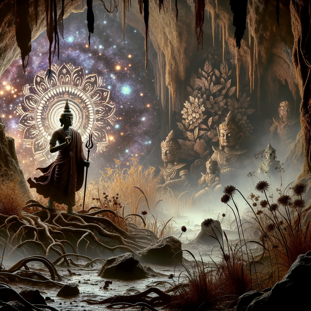 Mystical Cave Scene with Trident and Intricate Carvings