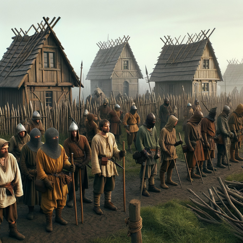 Medieval Warriors in Misty Landscape with Rustic Houses