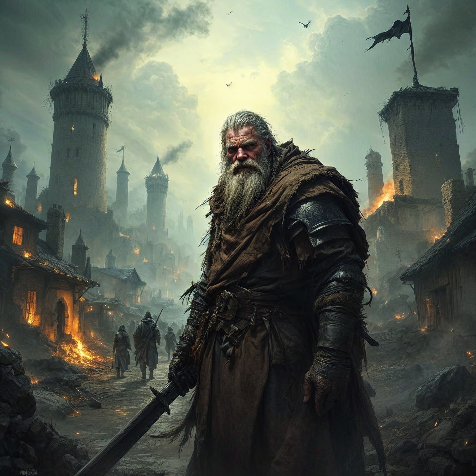 Medieval Warrior in Dark Landscape with Turbulent Sky