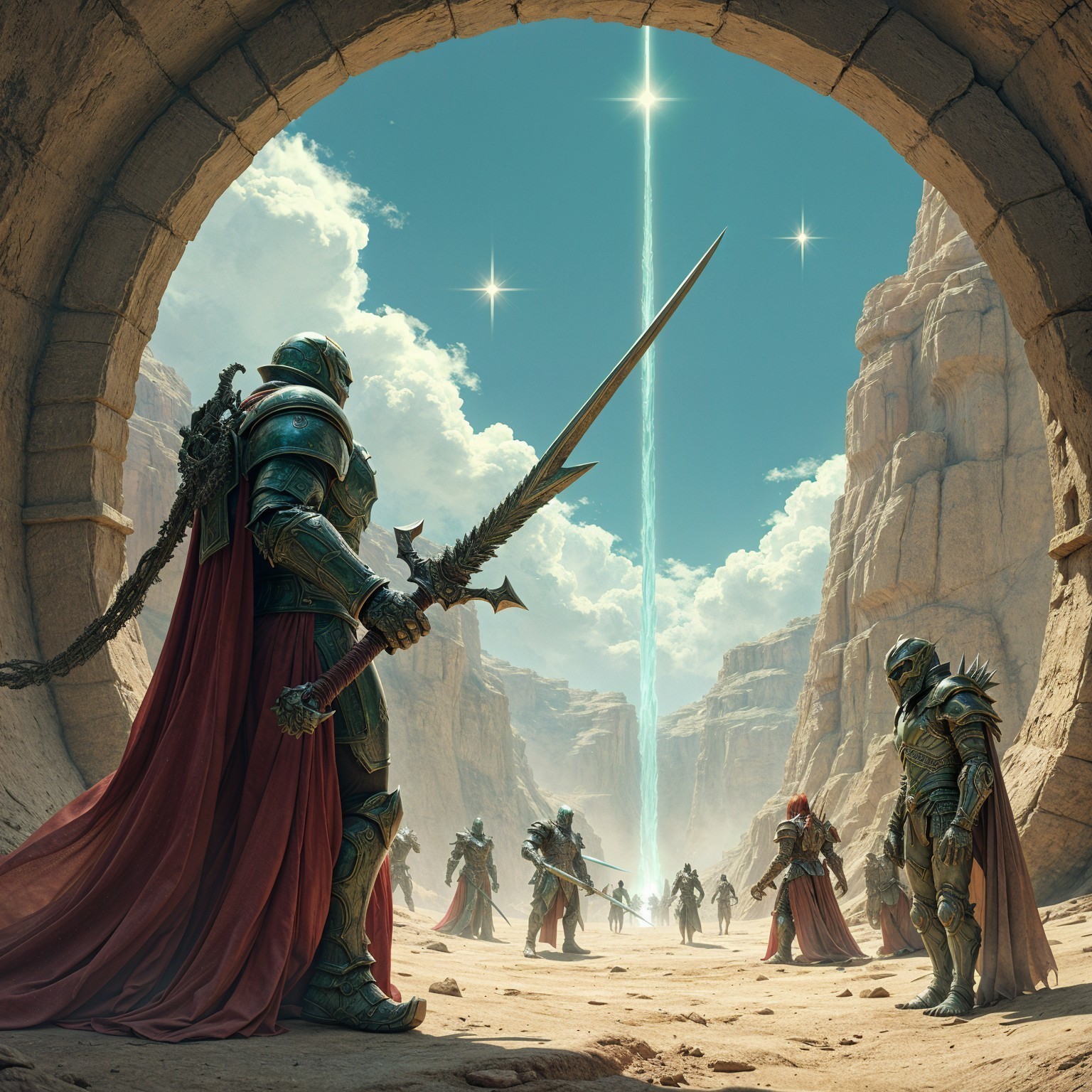 Armored Warriors in a Canyon Landscape with Light