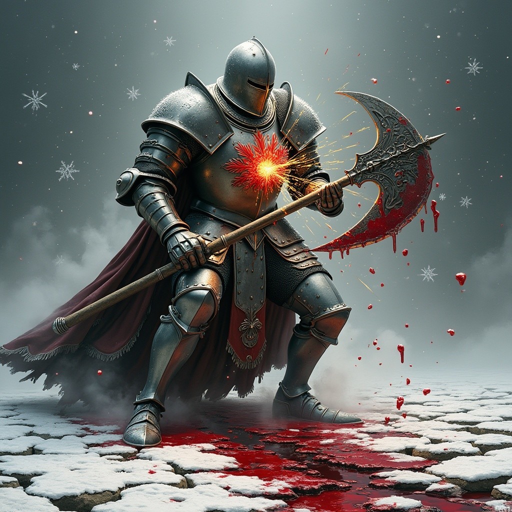 Heroic Knight in Armor with Battle Axe in Snowy Scene