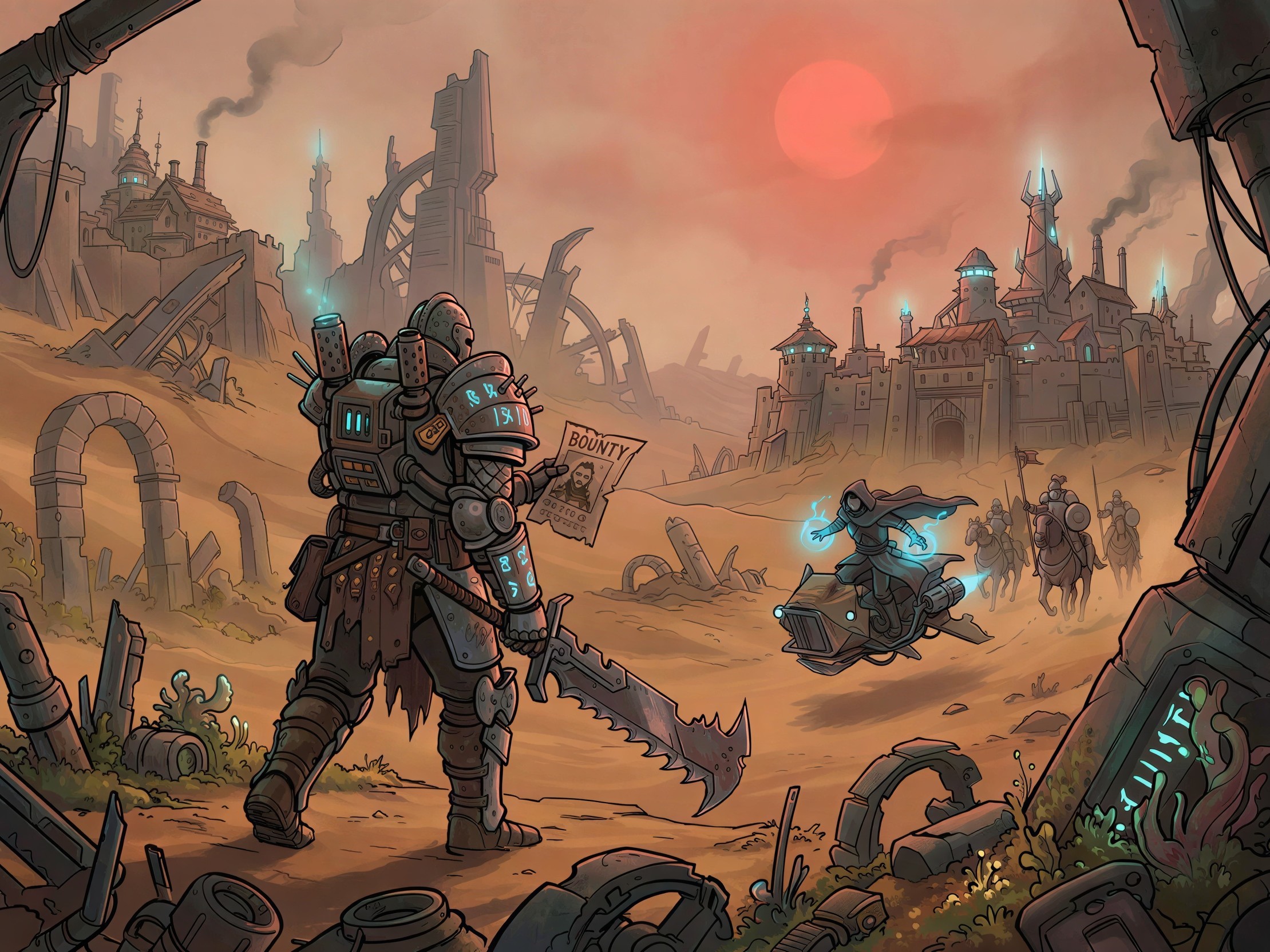 Steampunk Warrior in Vibrant Desert Landscape