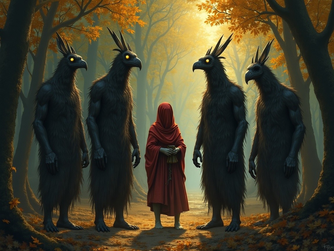 Cloaked Figure in Enchanted Autumn Forest with Creatures