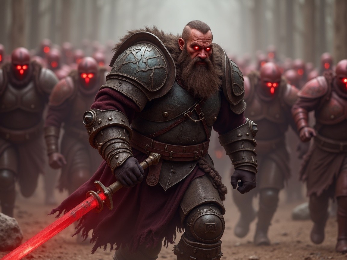 Warrior with Armored Soldiers in Misty Forest Scene
