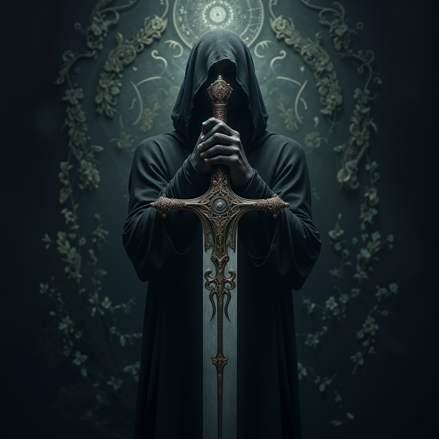 Cloaked Figure with Ornate Sword in Mysterious Setting