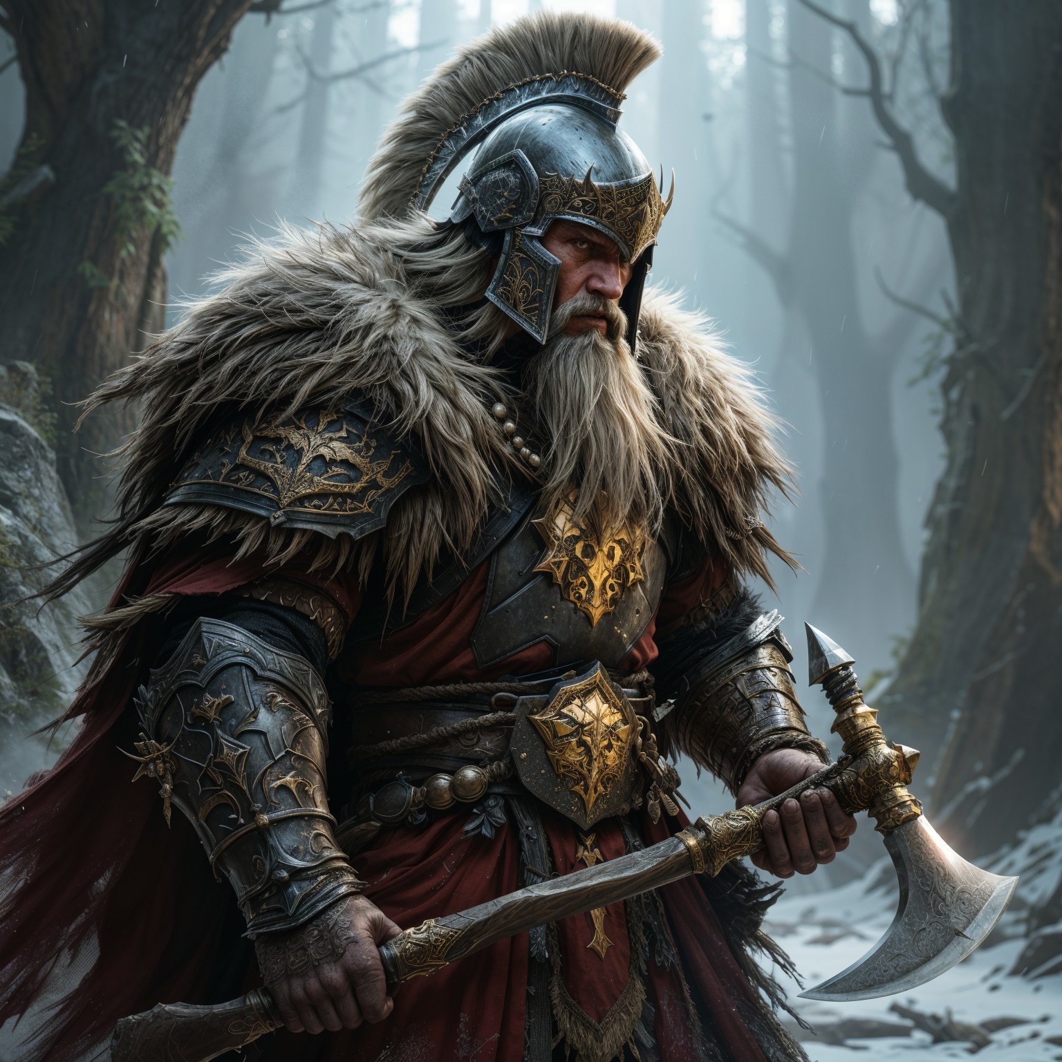 Warrior in Ornate Armor in Misty Forest Setting