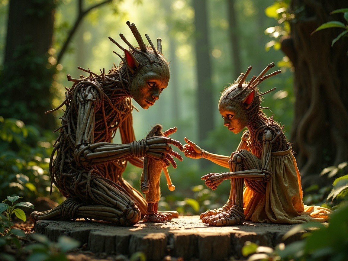 Whimsical Humanoid Figures in a Mystical Forest
